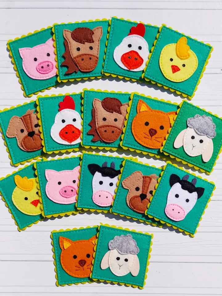 Felt memory game PDF Pattern, Farm animals Matching Cards, Educational toys for kids, Felt toy pattern, Travel Toys for toddlers