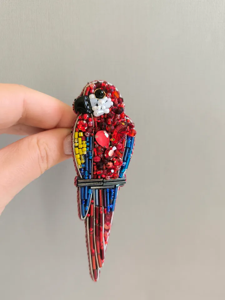 Brooch Parrot, beaded brooch, embroidered brooch, handmade design, custom brooch