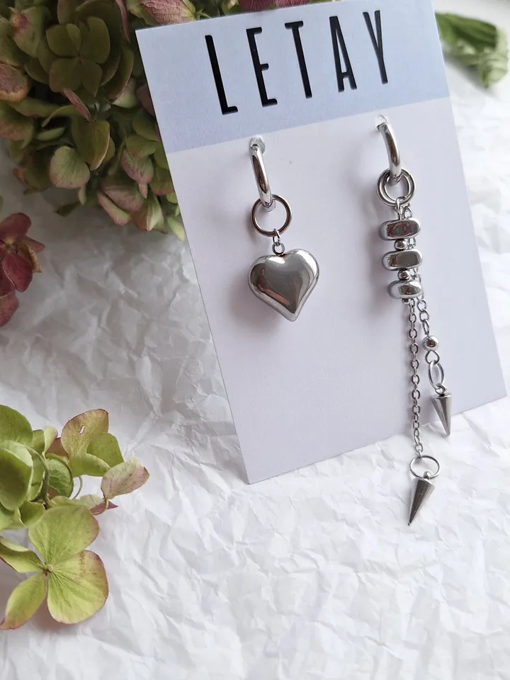 Asymetrical stainless steel earrings and hematite Heart and chain earrings Hoops transformer earrings Gift for her Trendy earrings