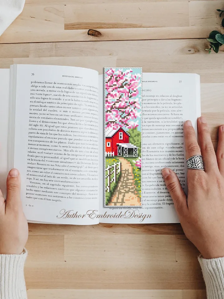 Spring bookmark cross stitch pattern PDF download Cherry blossom tree cross stitch chart, Nature bookmark pattern digital PDF Red barn #B469