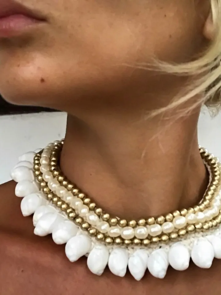 Big Shell Tie Handmade Macrame Chocker | Boho Chic Bohemian Jewelery | Coachella Pearl Necklace | Hippie Gypsy Style Accesoiries