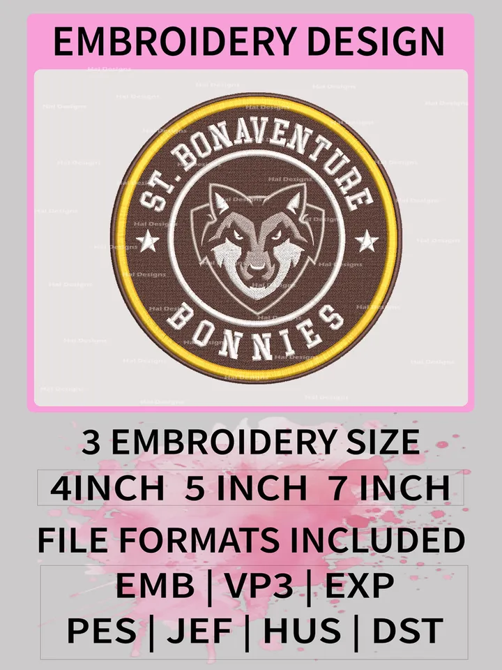 NCAA St. Bonaventure Bonnies Embroidery Designs, NCAA Logo Machine Embroidery Files, College Team Embroidery Patterns