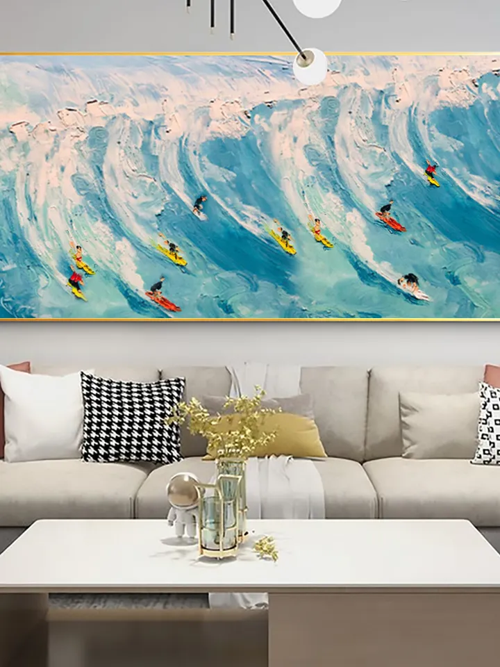Original Surf Painting on Canvas Custom Painting Texture Wall Art Personalized Gift Blue Ocean Waves Nature Scenery Art Bedroom Wall Decor