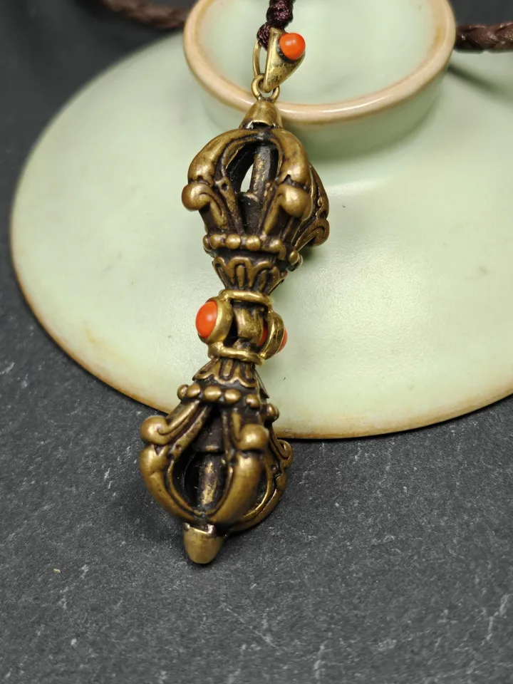 Tibetan Vajra Dorje Amulet - Antique Brass Buddha Protective Charm Inlaid with Agate | 2.0 Inches | Spiritual Gift from Tibet