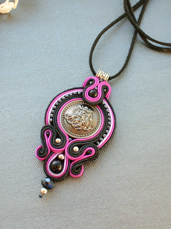 Black and pink boho necklace, Soutache pendant, Embroidered necklace, Ethnic necklace, Mandala