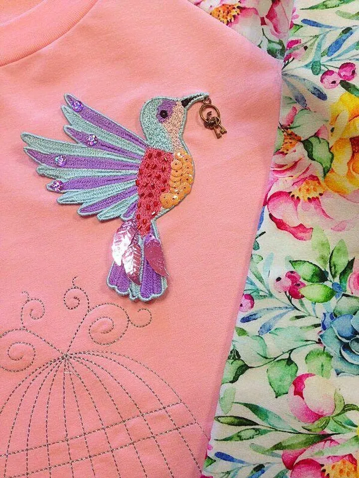 Machine embroidery design FSL Bird Brooch and Embroidered Сage