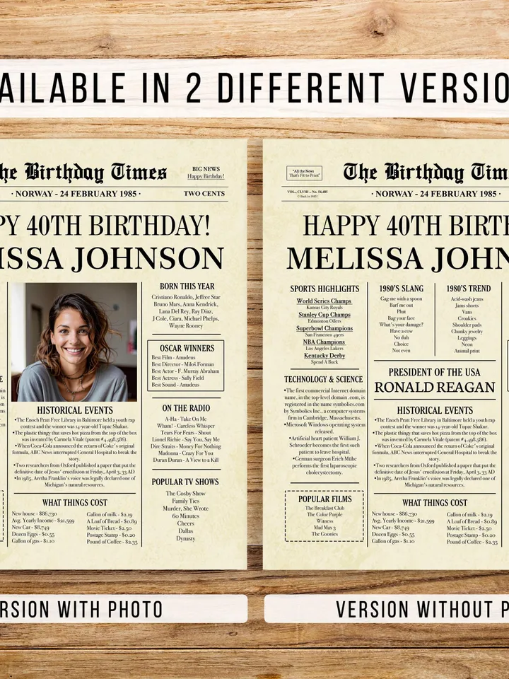 40th Birthday Newspaper Poster for Wife or Husband – Born in 1985 Sign, Back in 1985 Printable, Vintage 40th Birthday Decorations