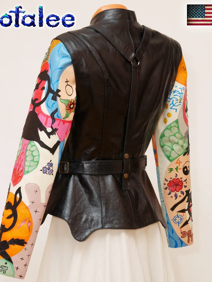 Exclusive women's handmade genuine black leather jacket bright applications sleeves. Painting lamb on leather clothes.