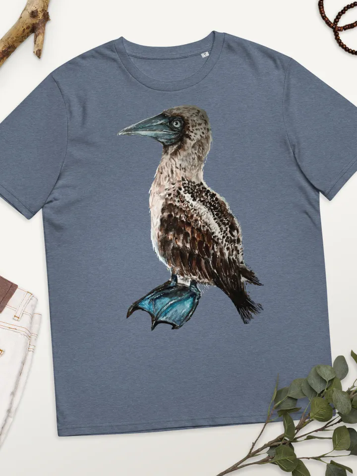 Blue footed booby unisex organic t shirt made with my original watercolor painting,unique handmade wearable gifts,exotic animals t shirts.