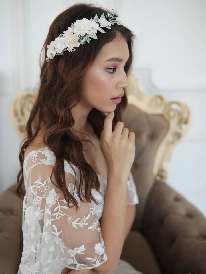 White flower crown, Wedding Flower Crown, Side Flower crown, Bohemian crown, Flower Girl Crown, Rose Flower Headband