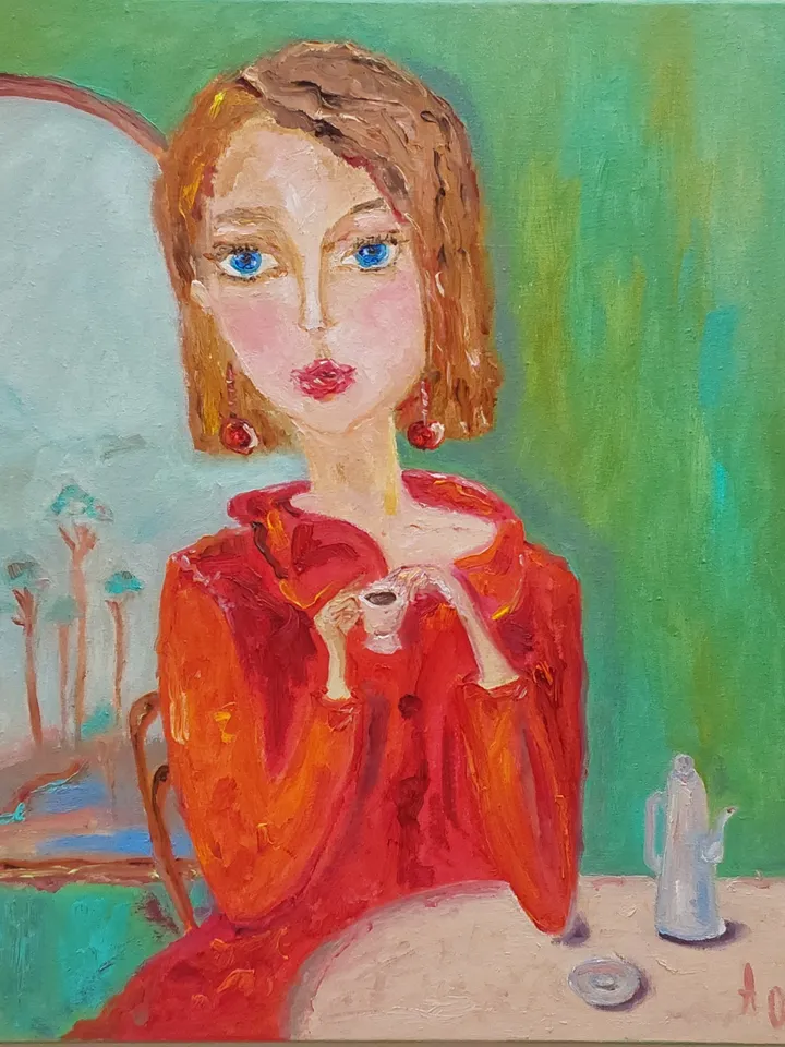Oil painting on canvas "Portrait of woman in red. Imitating Modigliani" 40x50cm (16x20inch)The painting is sold. A copy is possible.