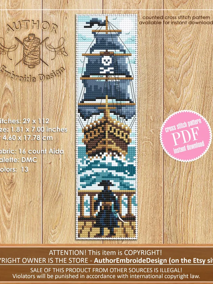 Pirate bookmark cross stitch pattern PDF download Pirate ship cross stitch chart, Needlepoint bookmark pattern digital PDF for boys #B474