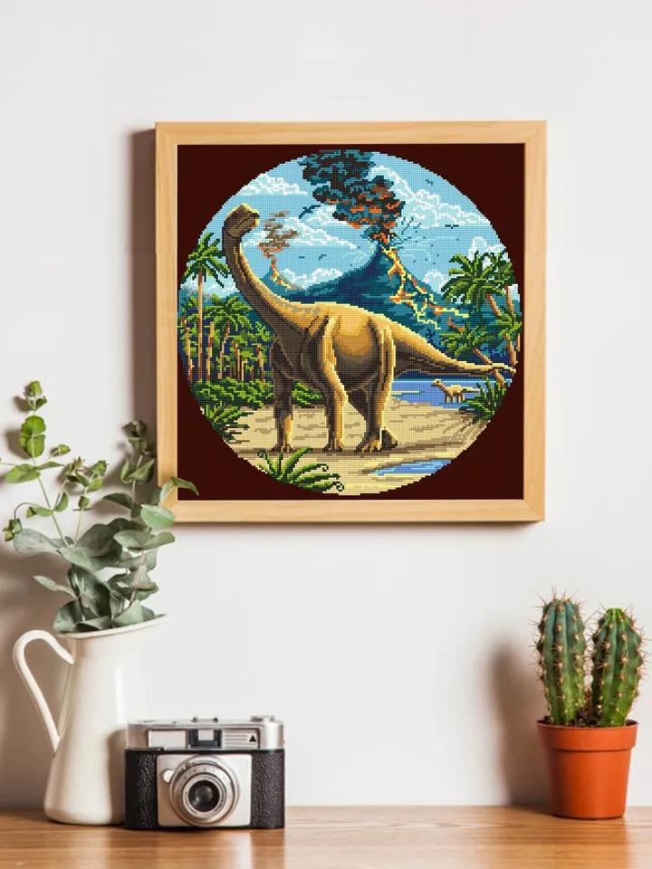 Dinosaur cross stitch pattern download PDF, Ancient animal cross stitch chart, Nature landscape cross stitch, Dinosaur world embroidery #D1