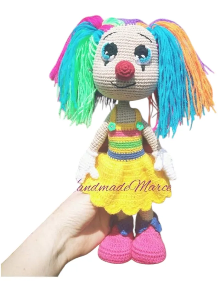 Multicolored Clown Crochet Doll โ 38 cm Handmade Amigurumi โ Neon Hair & Pigtails โ Colorful Gift โ Fun Collectible โ Soft Toy