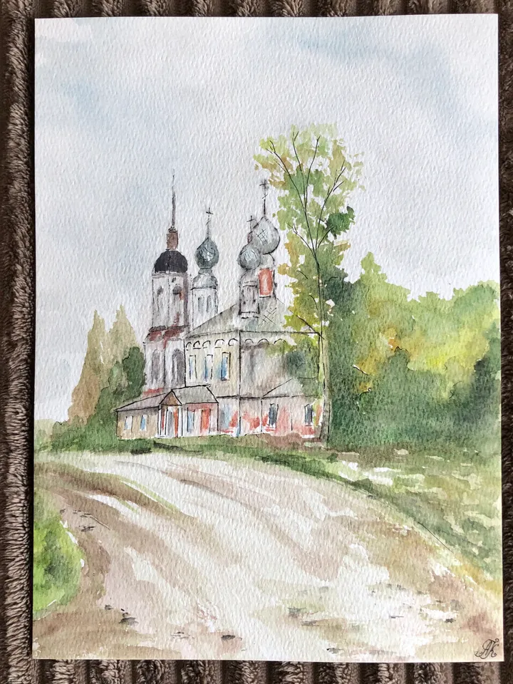 Old church landscape modern wall art hand painted original watercolour painting