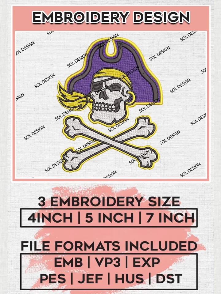 NCAA East Carolina Pirates Skull Logo Embroidery Files, NCAA East Carolina Pirates Team Embroidery, NCAA East Carolina Pirates Logo, 3 sizes, Machine embroidery designs, Digital Download