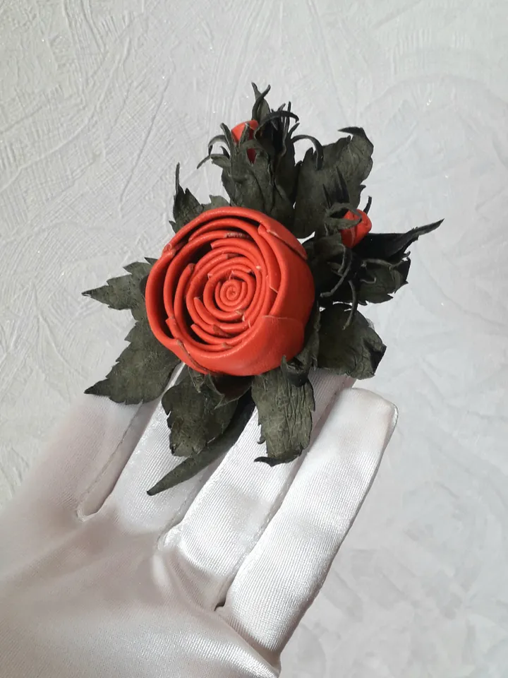 Red rose leather brooch 3rd anniversary gift for wife, Leather women's jewelry