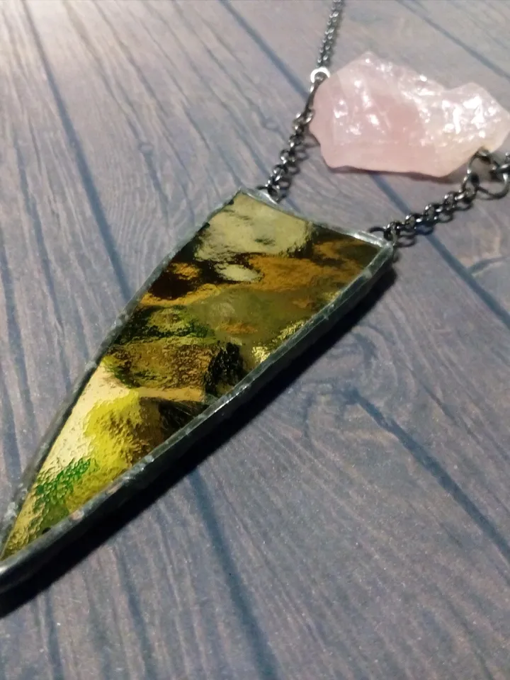 Spike necklace, rose quatrz pendant, stained glass necklace, geometric pendant, triangular necklace