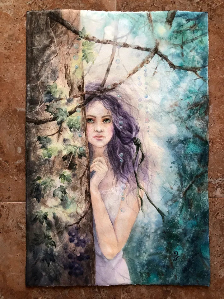 Woman in the Forest Painting Original Girl Watercolor Painting Forest Fairy