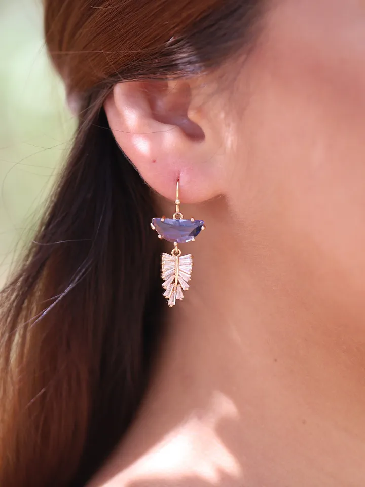 Gold Blue Art Deco Wedding Earrings For Bride, Boho Bridal Earrings, Chandelier Stetement Earrings, Teardrop Earrings, Blue Bridal Jewelry