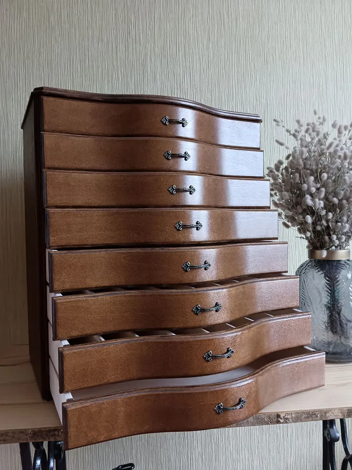 Floss storage cabinet for DMC floss bobbins and skeins, Stitching drawer box with curved faces in vintage style