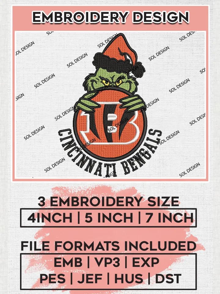 NFL Cincinnati Bengals Team x Grinch Holding Ornament Logo Embroidery Designs, NFL Bengals Team Machine Embroidery Files, NFL Football Teams, 3 sizes, Grinch Machine embroidery designs, Digital Download