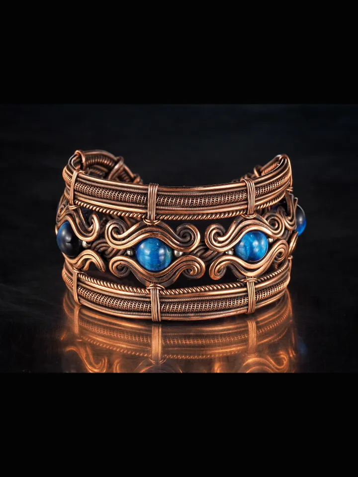 Copper wire bracelet with natural falcon eye, 7th Wedding Anniversary gift