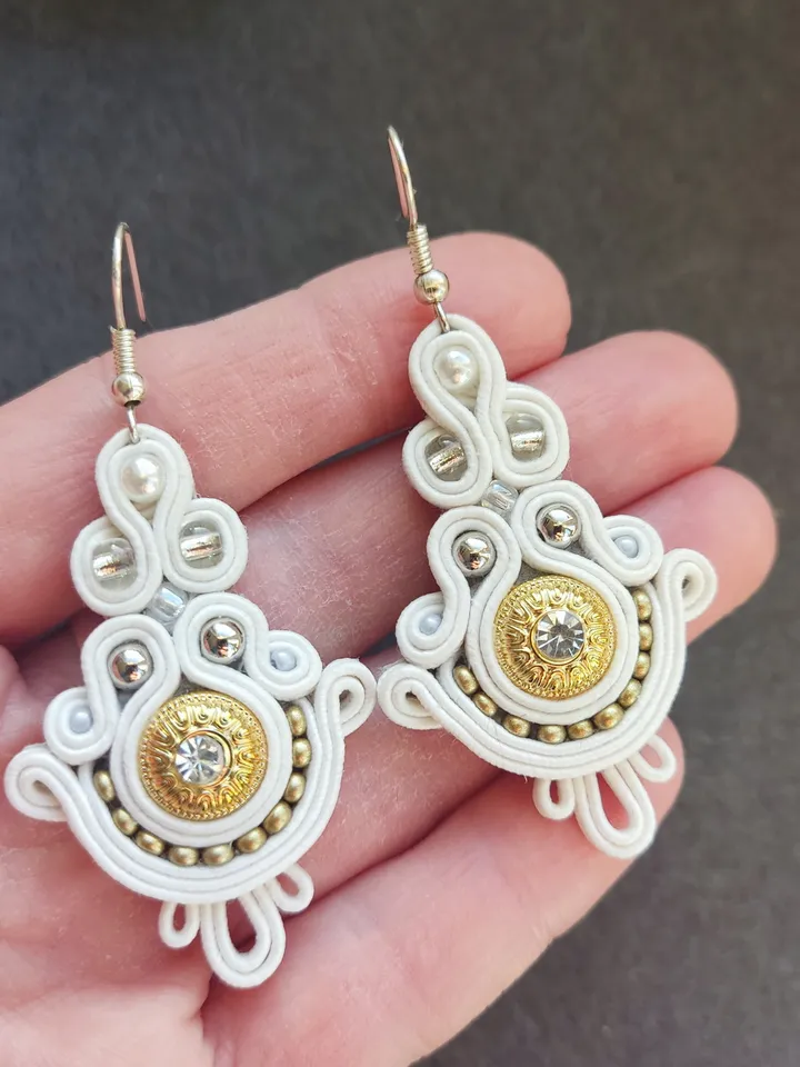 Wedding Earrings, White and Gold Earrings, Bridal jewelry, soutache embroidery