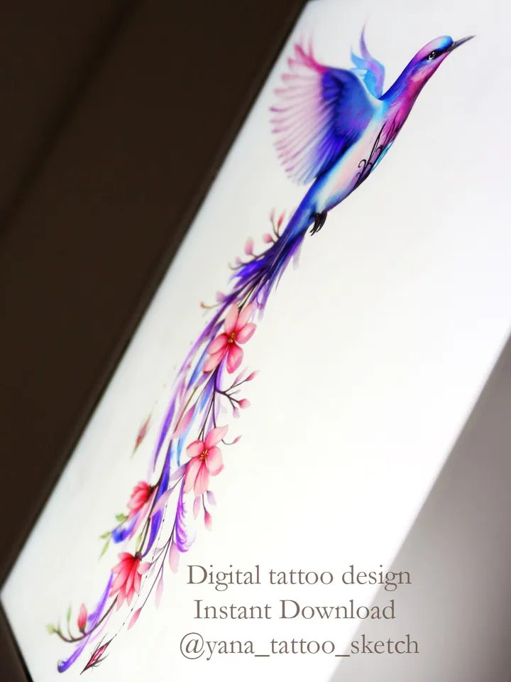 Flying Bird Tattoo Design Flowers And Bird Tattoo Stencil Idea Sketch, Instant download PDF, JPG