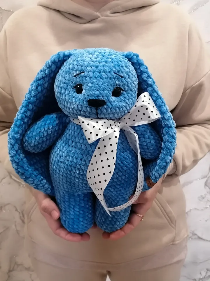 pattern, crocheted plush bunny, blue