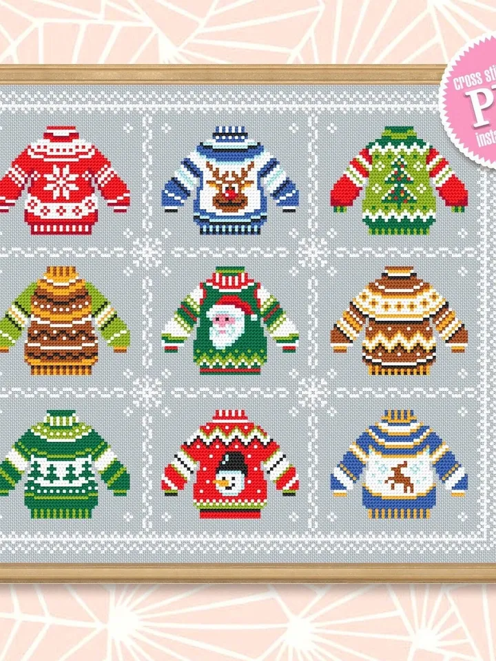 Ugly Christmas sweater cross stitch pattern download PDF Christmas ornament cross stitch chart, Small cute sweater, Holiday pattern PDF #N91