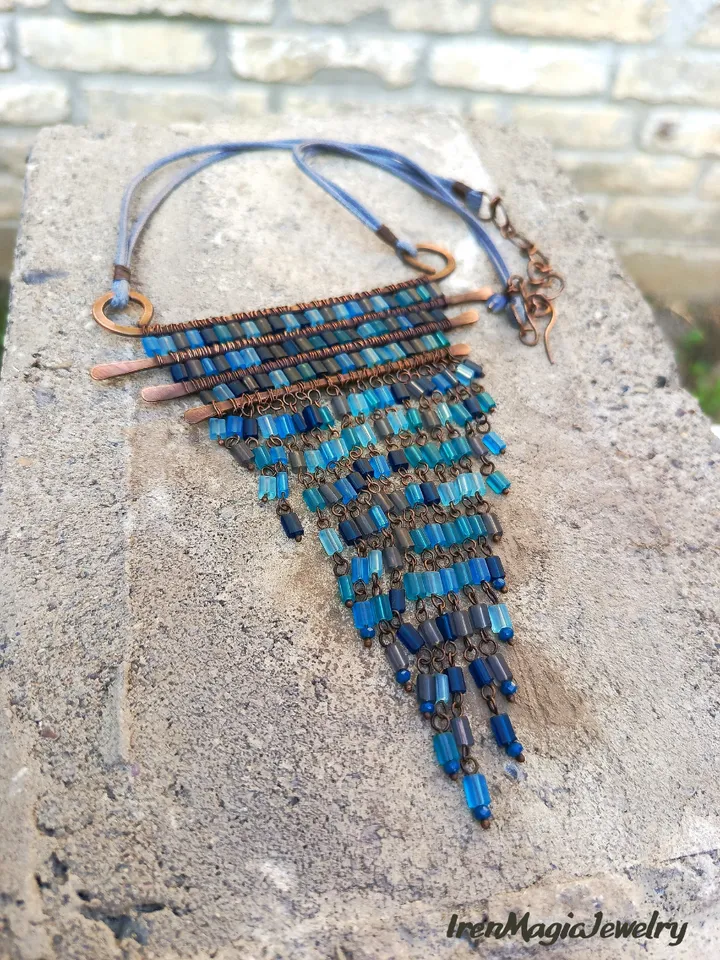 Boho Tribal Copper Necklace with Blue Glass Beads