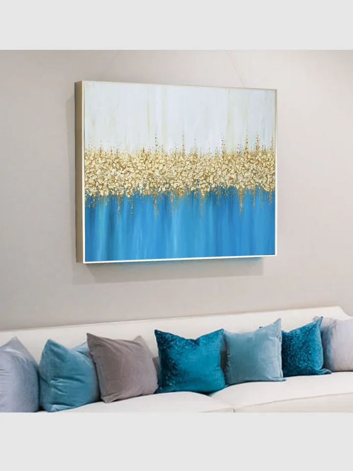 Gold and Blue Turquoise Abstract Wall Art Gold leaf Painting on Canvas | Modern Abstract painting Above bed decor