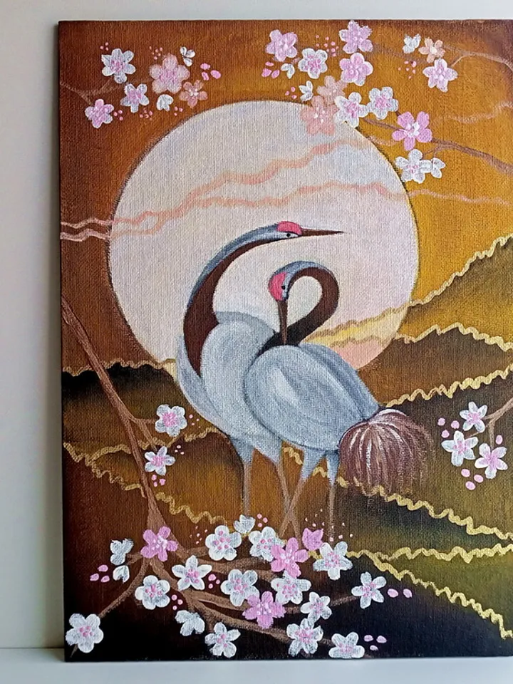 Couple crane acrylic UNFRAMED painting*Pair birds*Moonlight painting*Flowering abstract painting*Blooming branch art*Cherry blossom abstract