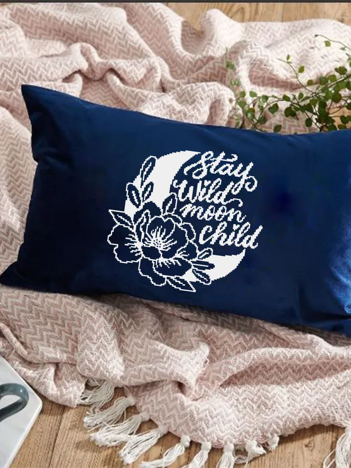 Floral moon cross stitch pattern PDF download Stay wild moon child cross stitch chart, Moon pattern digital PDF, Crescent moon decor #Q51