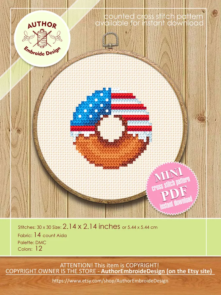 American flag donut cross stitch pattern PDF download Independence Day 4th of July Patriotic cross stitch chart, Mini food cross stitch #T21