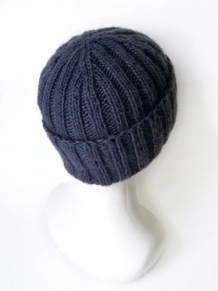 Exquisite Handmade Dark Blue Men's Warm Winter Beanie - Cozy Alpaca-Merino Wool Blend Knit Hat with Ribbed Texture. FREE SHIPPING!