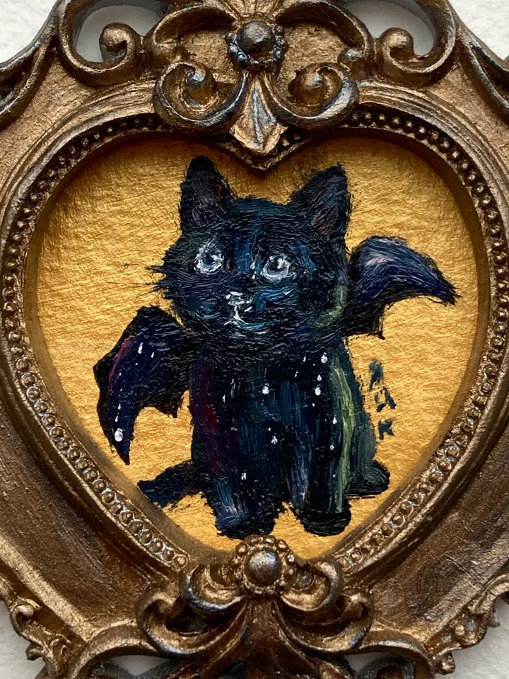 Bat Cat Painting Small Original Framed Art Goth Bat Gifts, Mini Gold Framed Decor, Cat Bat, Black Cat Art, Tiny Art Whimsigoth Decor