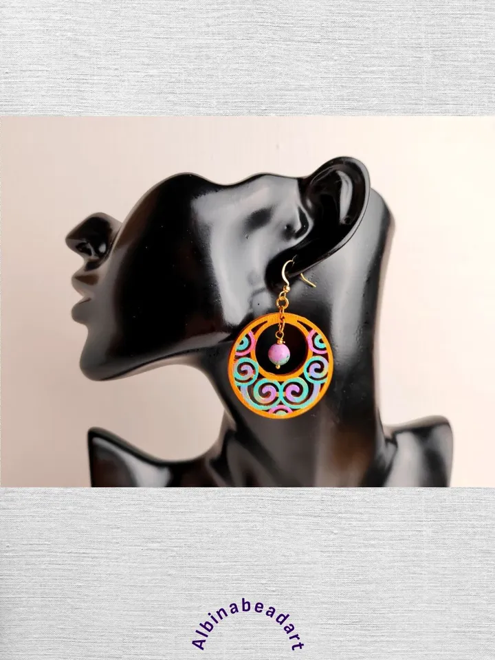 Round lightweight earrings with zoisite ethnic earrings with hand painting
