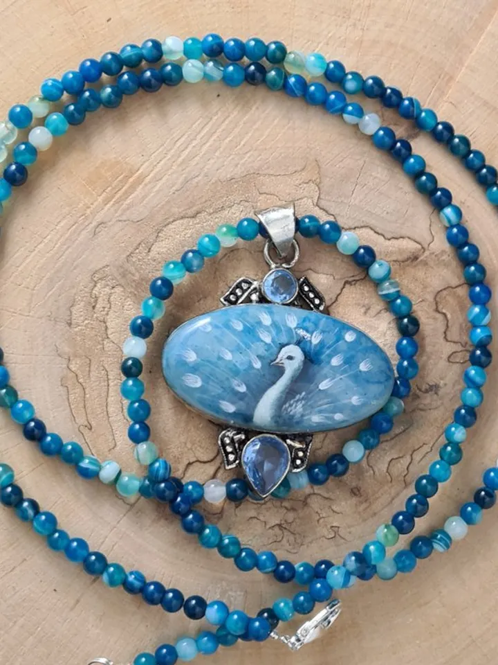 White peacock on blue necklace Miniature painting on Dendritic Agate Stone opal