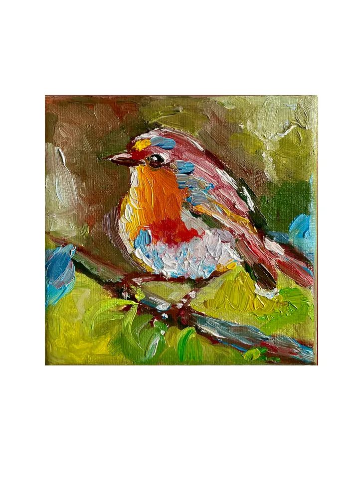 Robin Bird Painting, Original Oil painting on Canvas, Mini Canvas Art, Tiny Bird Artwork