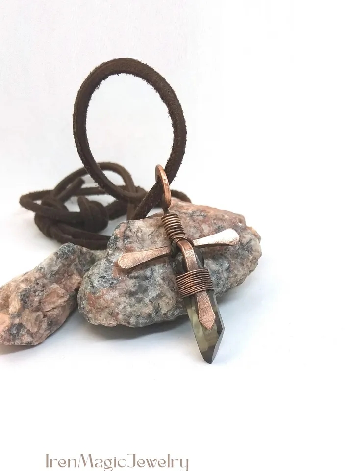 Copper Cross Pendant with Smoky Quartz Crystal