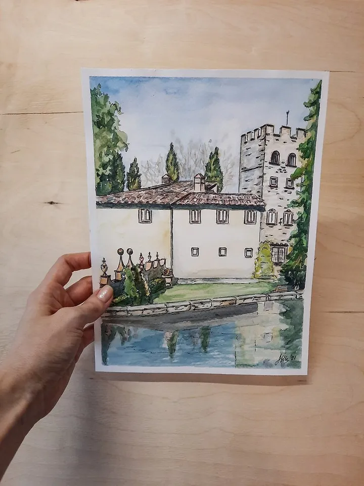 Original Watercolor painting Landscape Old castle Italy painting House painting