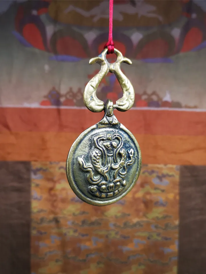 Gandhanra Vintage Tibetan Buddhist Calendar Badge,Melong Mirror, SIPAHO Amulet(srid pa ho),Jiugong Bagua,made of Brass,1.8&quot;