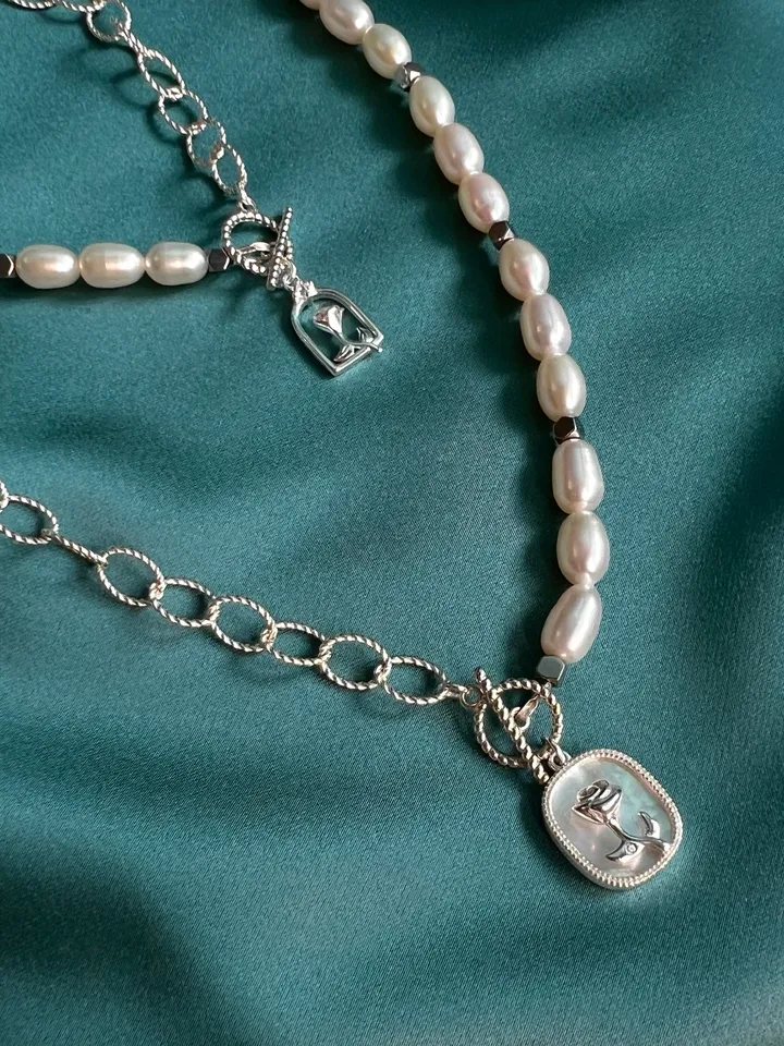 Pearl Silver 925 Jewelry Set Necklace Bracelet BELLE