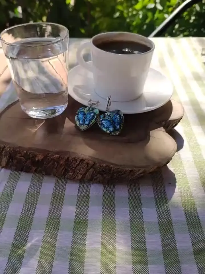 Pearl earrings: Dainty Butterfly Earrings dangle hand painted on Mother of Haliotis pearl • Heart shaped cute Art earrings for elegant women