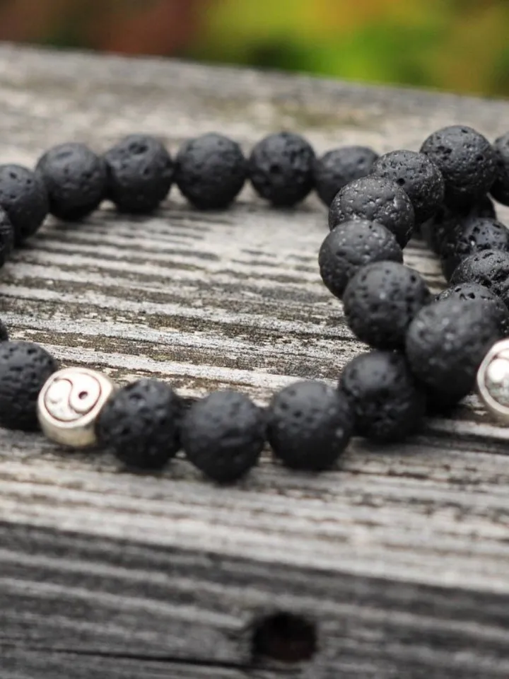 Lava Stone Bali Spiritual Ying Yang Bracelet Handmade | Genuine Lava Stone Black Oriental Bracelet Woman | Gemstone Women Sacred Bracelet