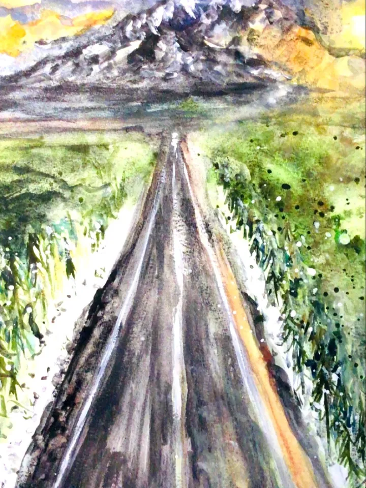Alaska sunset,road,mountains.snow,original watercolour painting,wall art