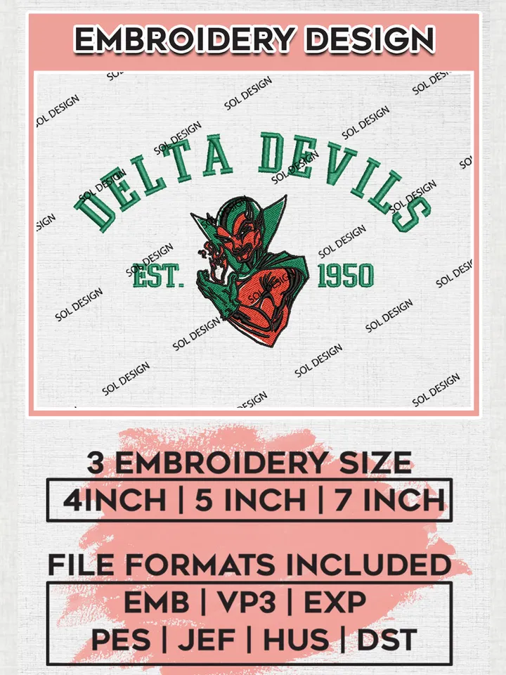 Mississippi Valley State Delta Devils Est 1950 Logo Embroidery Designs, NCAA Mississippi Valley State Delta Devils Team Embroidery, NCAA Team Logo, 3 sizes, Machine embroidery Files, Digital Download