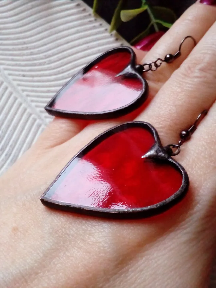 Heart stained glass earrings for Valentine day, valentines kawaii earrings